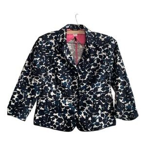 J Crew 100% Cotton Floral Blazer Navy Blue Cream Print Tailored Size Large